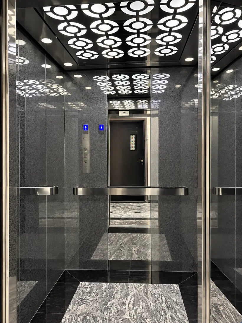 Passenger cabin with granite floor and LED ceiling